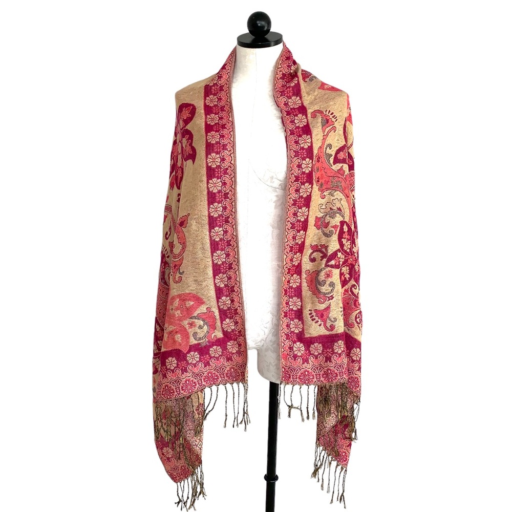 Pashmina Scarf Paisley & Floral Bohemian Design Tasseled Ends Raspberry & Gold